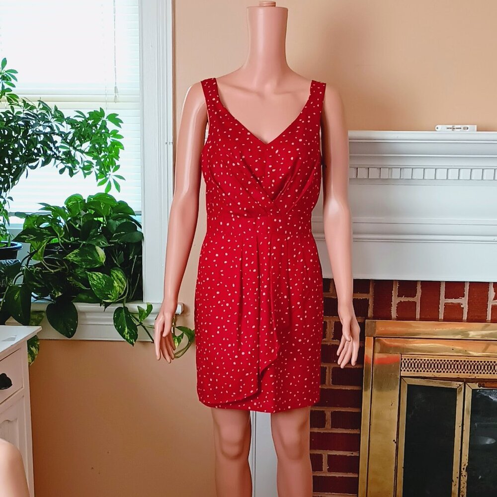 BCBG Polka Dot Dress 6 Women's Pleated Rust V-Neck & Back Mini